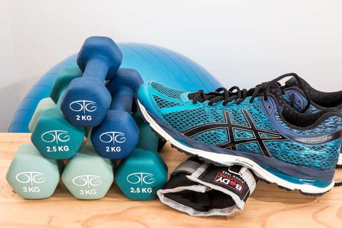 Exercise shoes and dumbbells